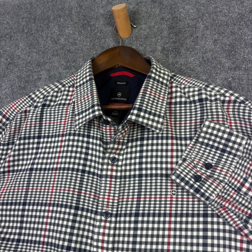 Victorinox Button Shirt Mens XXL Navy White Red Plaid Cotton Wool Tailored Fit